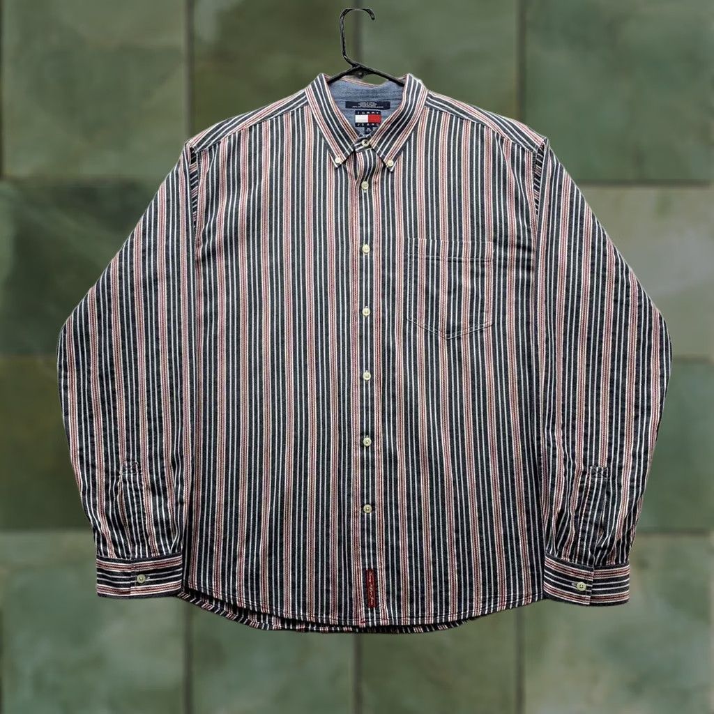 Tommy Hilfiger VINTAGE Tommy Hilfiger Jeans Shirt Mens XL Blue Red Striped Y2K Retro Size US XL / EU 56 / 4 - 1 Thumbnail