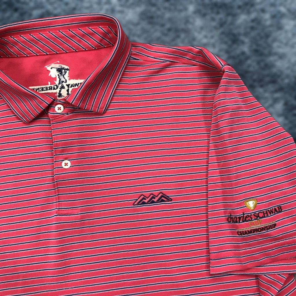 Vintage Fairway & Greene Polo Shirt Mens 2XL Desert Mountain Pink Logo Golf Short Sleeve Striped Polyester Blend Clothing Size US XXL / EU 58 / 5 - 1 Thumbnail
