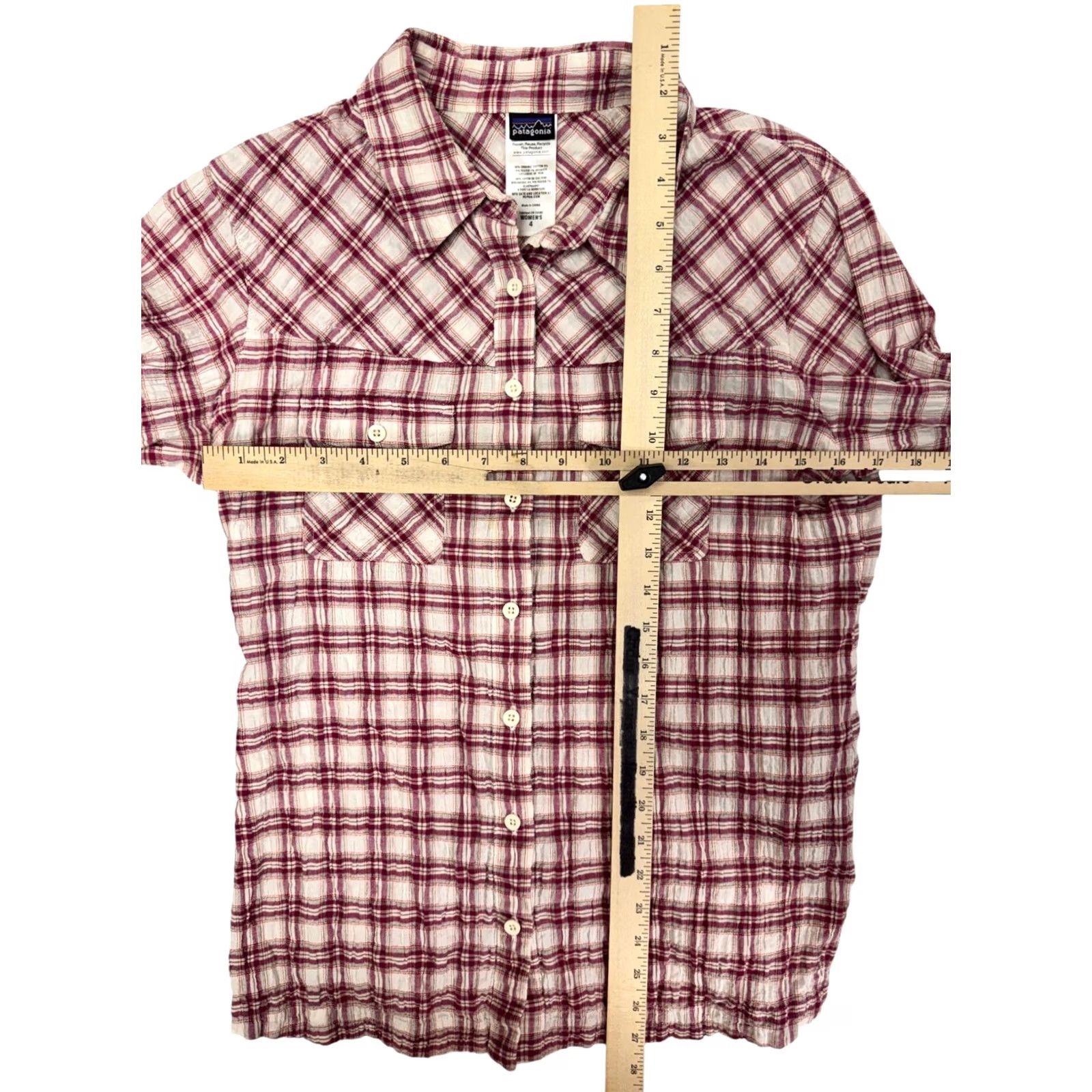 Patagonia VINTAGE Patagonia Women's Button-Down Shirt Burgundy Plaid - 4, 90% Organic Cotton, 9% Polyester, 1% Spandex, Collared, Pockets, Long Sleeve, NS Size S / US 4 / IT 40 - 4 Thumbnail