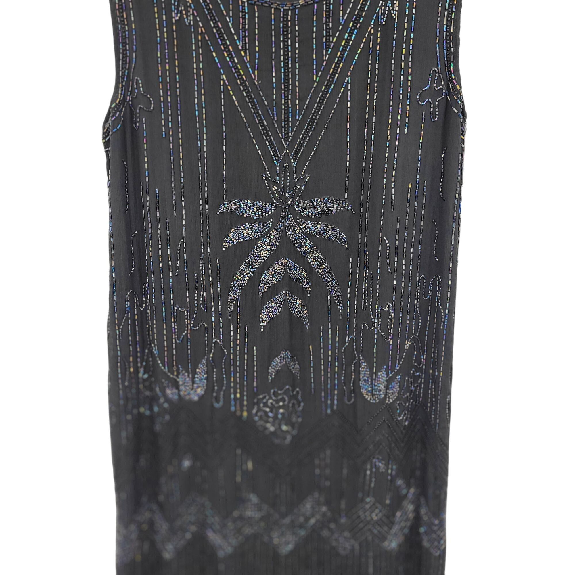 Vintage Vtg 80s Does 20s Black Oil Slick Beaded Silk Flapper Dress S Size M / US 6-8 / IT 42-44 - 10 Thumbnail