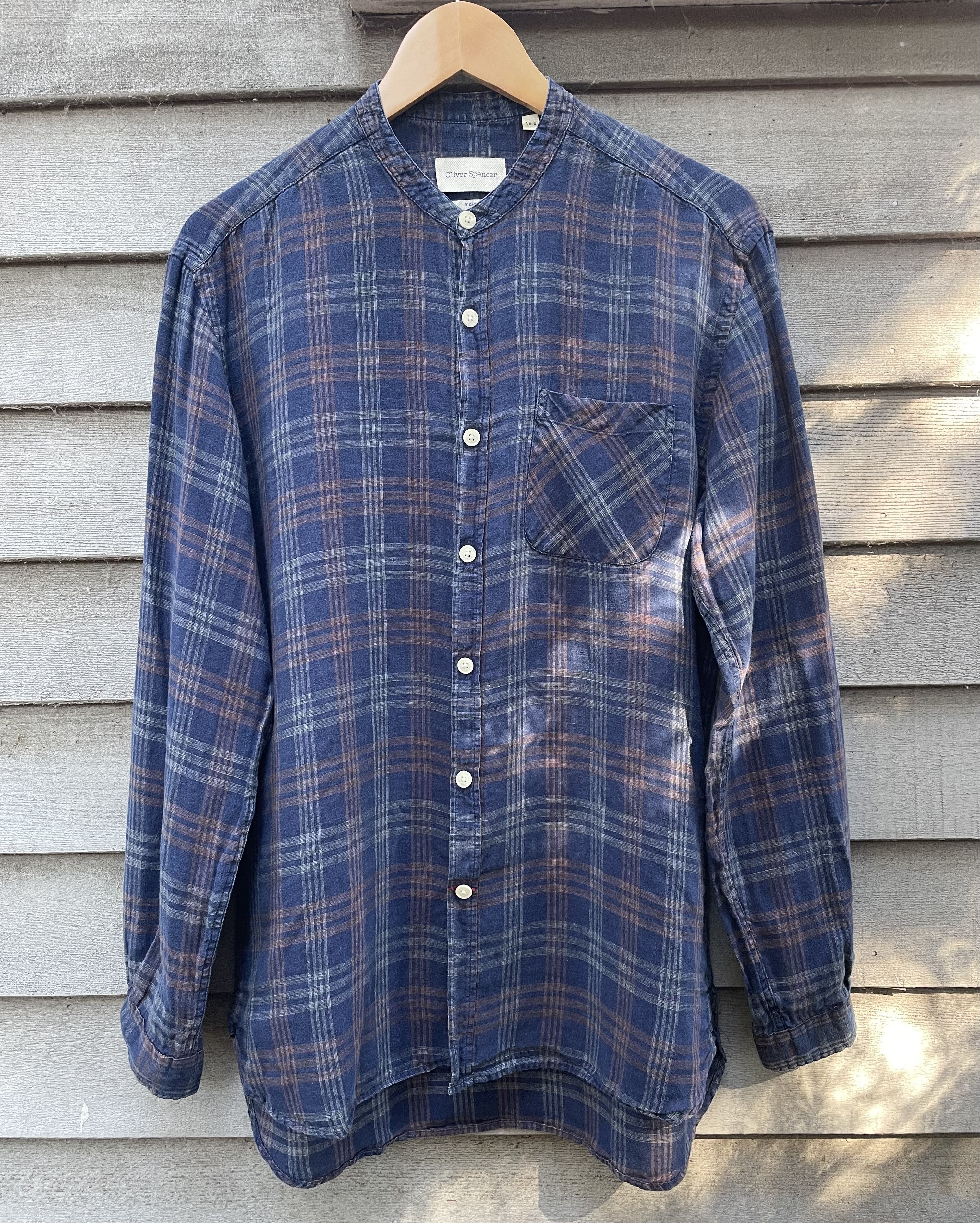 Oliver Spencer Linen Indigo Plaid Band Collar Shirt Size US M / EU 48-50 / 2 - 1 Thumbnail