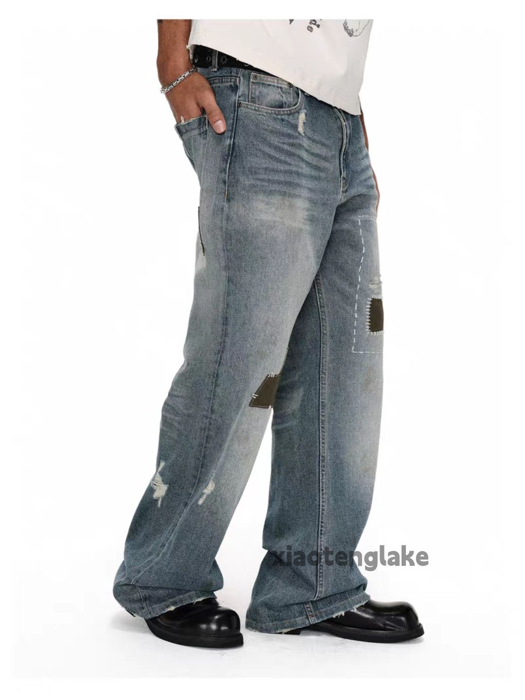 Vintage Unisex washed faded loose baggy skate hiphop patch jeans Size US 32 / EU 48 - 5 Thumbnail