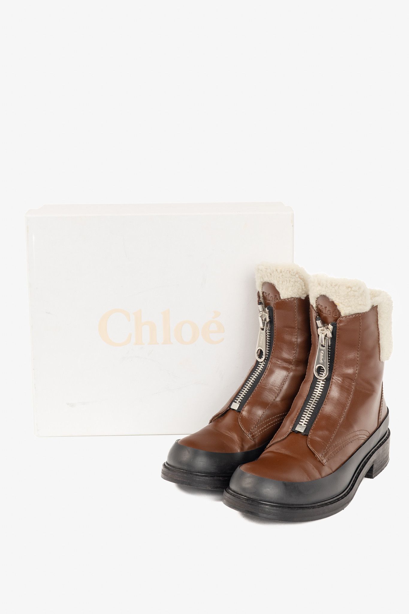 Chloe Chloe Roy Bark Brown Leather Zip-Front Shearling Boots Size US 9 / IT 39 - 10 Thumbnail
