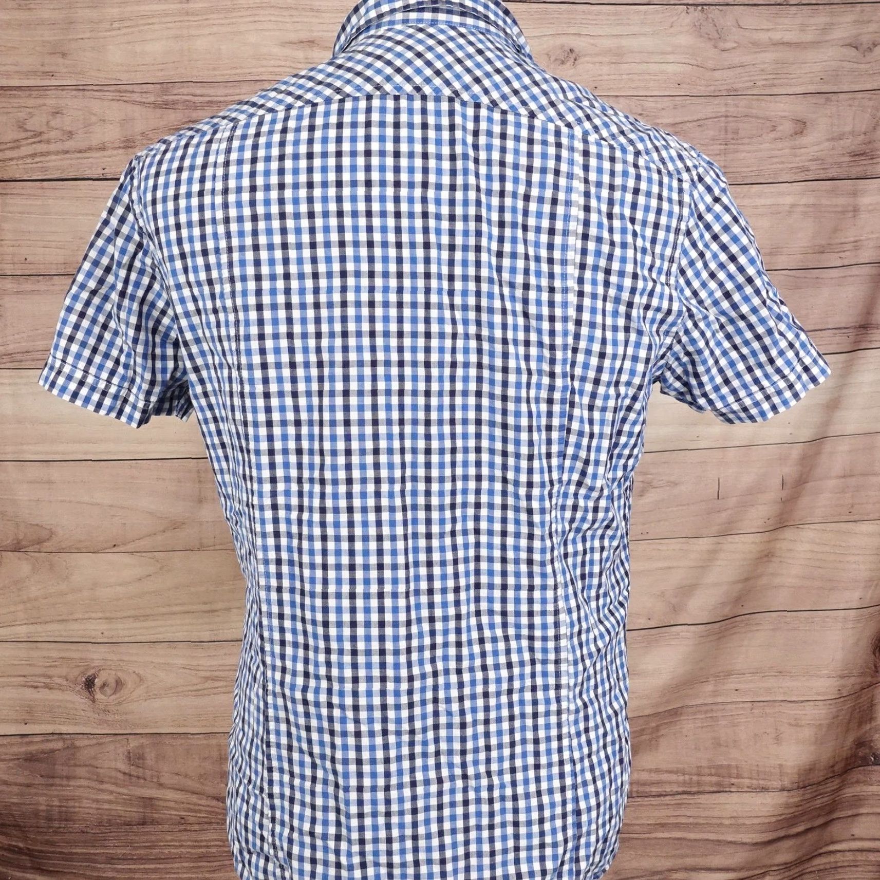 H&M H&M Shirt Mens Medium Blue White Gingham Check Short Sleeve Button Front Cotton Shirt - Mens Size US M / EU 48-50 / 2 - 4 Thumbnail