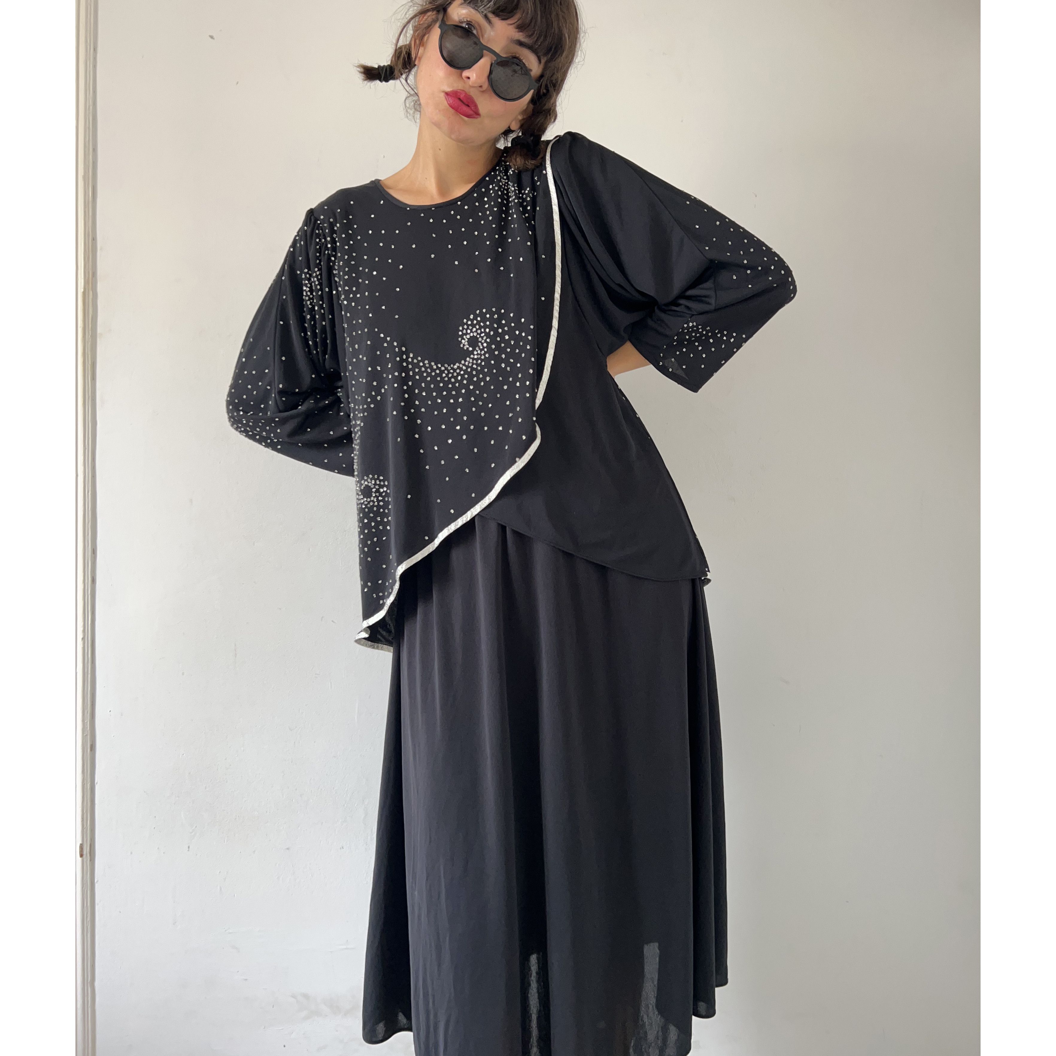 Vintage Vintage 80s Black Rhinestone Asymmetrical Midi Dress Size M / US 6-8 / IT 42-44 - 3 Thumbnail