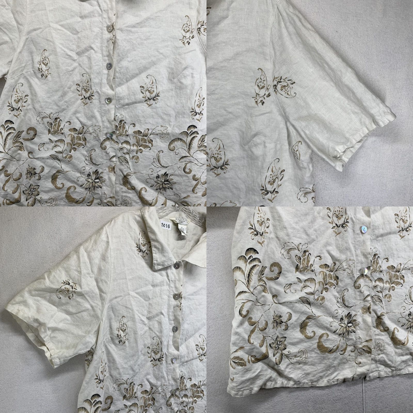Vintage VINTAGE Outfit JPR Women’s All Linen Top Button-Up 1X Ivory Floral Paisley Pearl Button Bohemian Short Sleeve Casual Shirt Size XL / US 12-14 / IT 48-50 - 8 Thumbnail