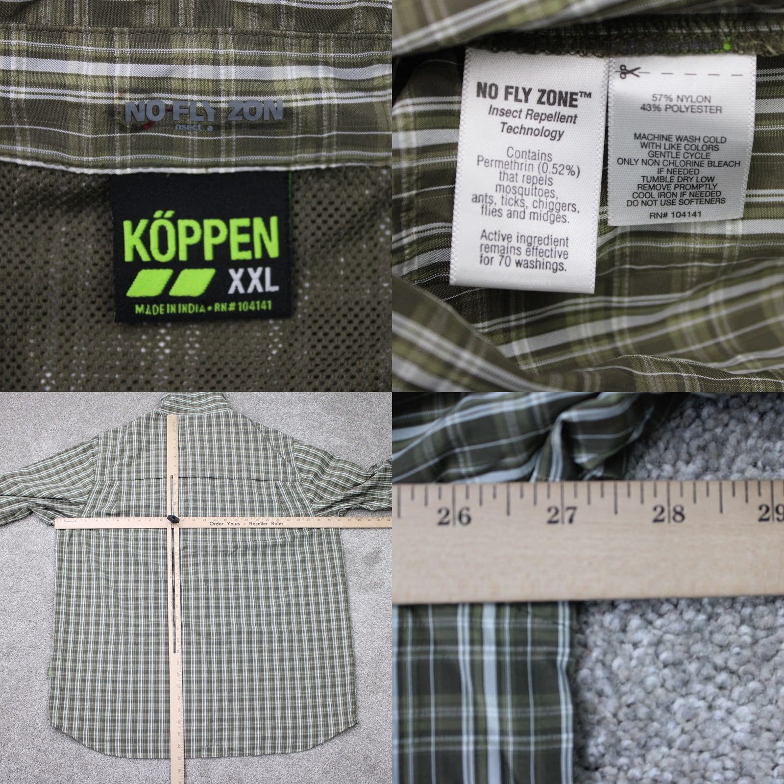 Vintage Koppen Shirt Mens 2XL Green No Fly Zone Repellent Vented Roll Tab Seersucker L/S Shirt Mens 2XL Green Plaid Button-Up Casual Outdoor Size US XXL / EU 58 / 5 - 8 Thumbnail