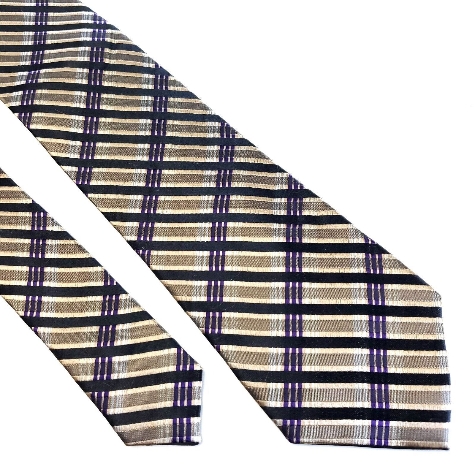 Pronto Uomo Pronto Uomo Couture Woven Tan Black Purple Plaid Silk Tie Size ONE SIZE - 1 Thumbnail