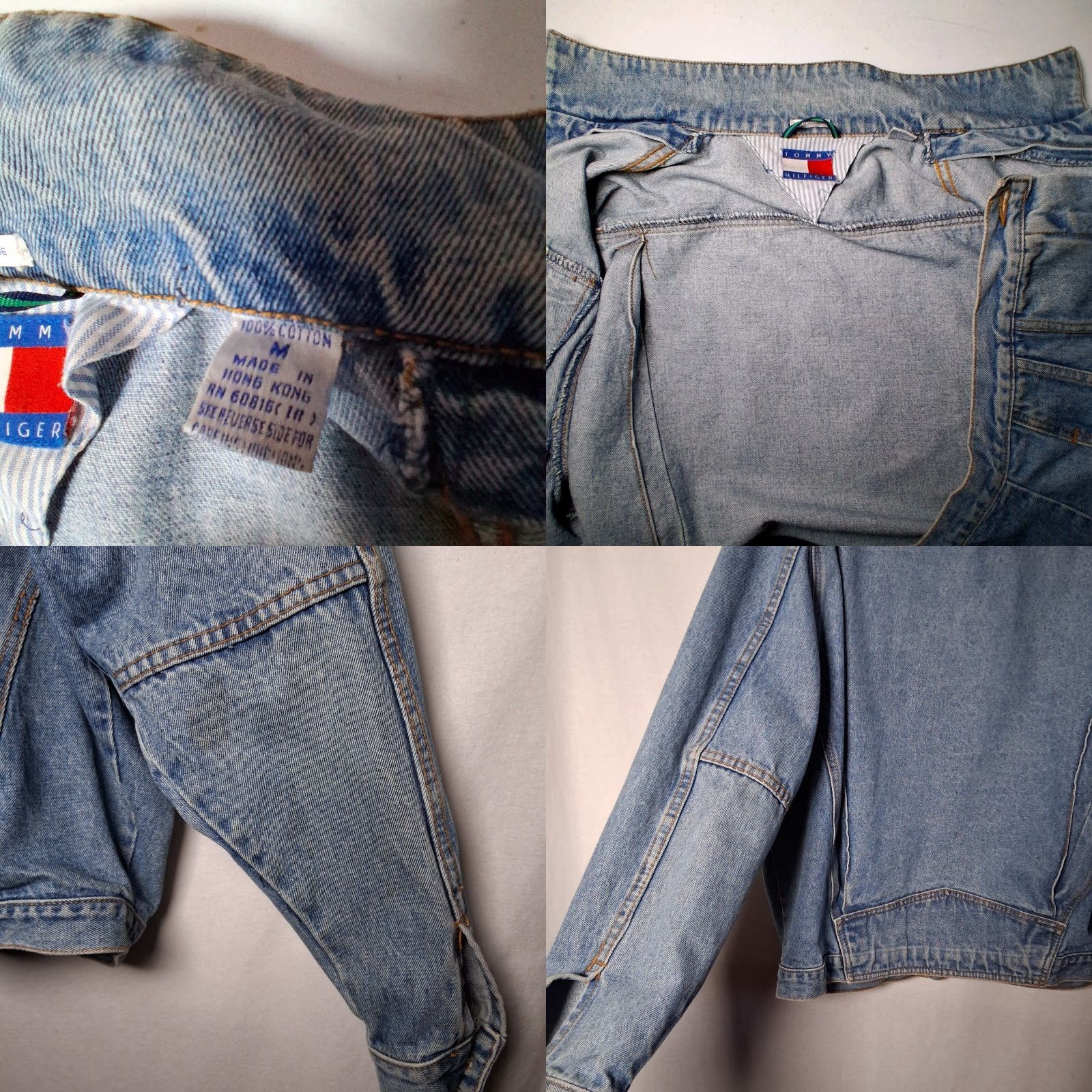 VINTAGE Tommy Hilfiger Jean Jacket Men M Blue Denim Trucker 90s Crest Logo Pocket Short Coat Casual Mens