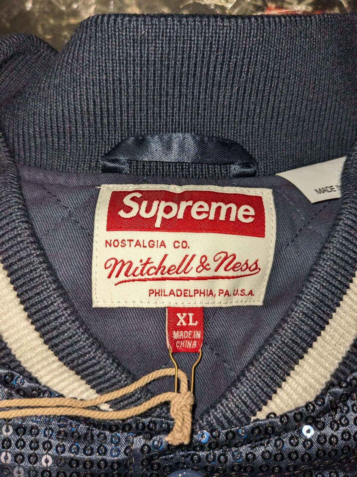 Supreme SS23 Supreme Mitchell & Ness Sequin Varsity Jacket Navy XL Size US XL / EU 56 / 4 - 5 Thumbnail