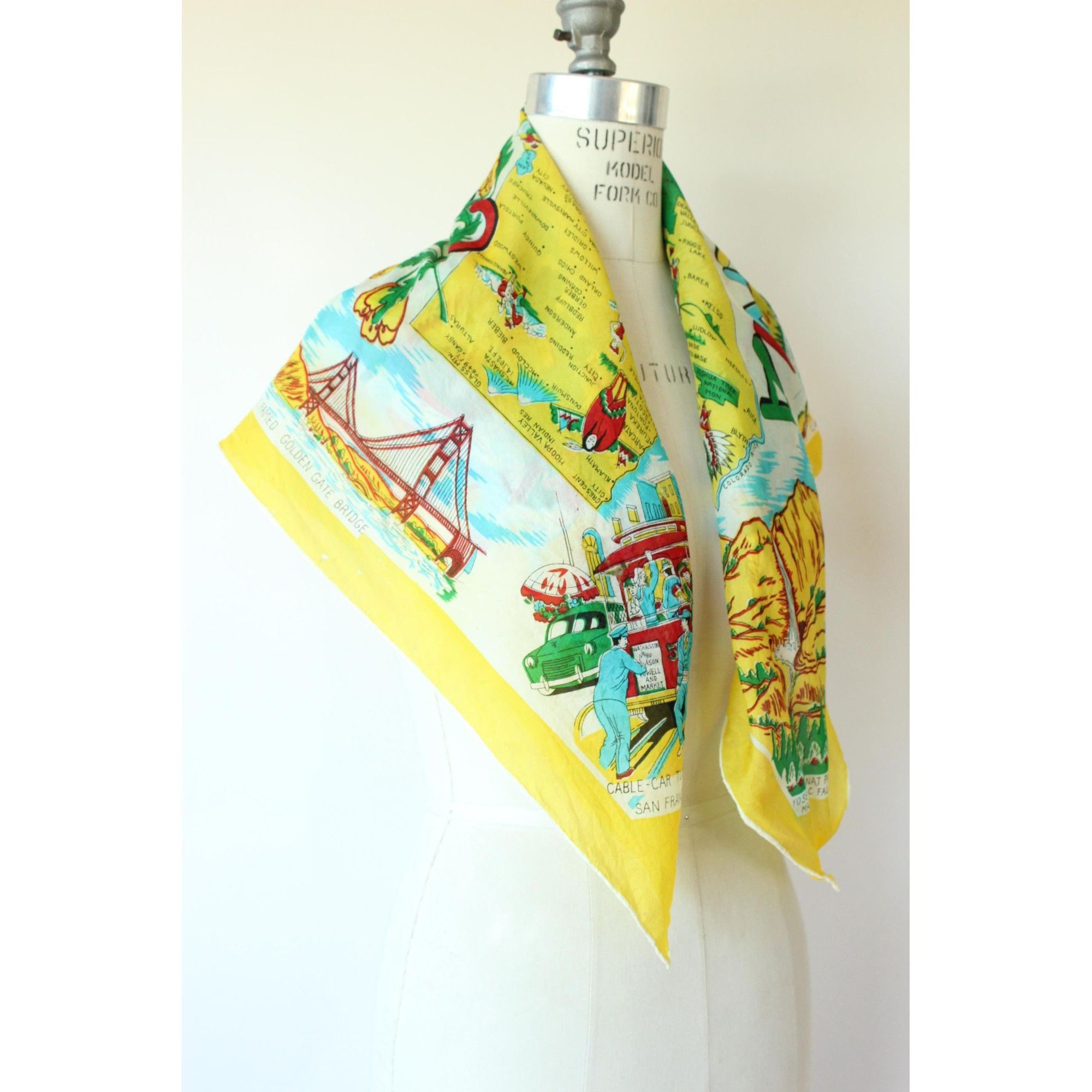 Vintage Vintage 1950s Scarf, California Map Souvenir Rayon Head Size ONE SIZE - 8 Thumbnail