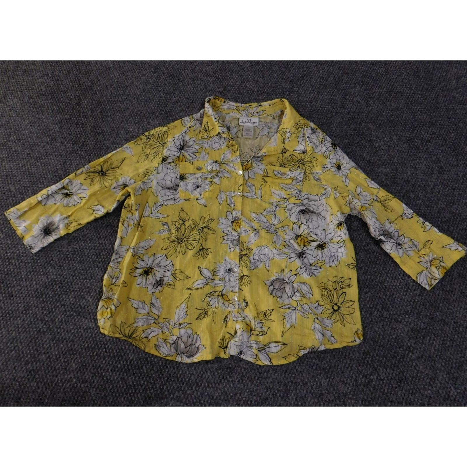 Vintage Alfred Dunner Shirt Womens Large Yellow Floral Metallic 3/4 Sleeve Button Up Size L / US 10 / IT 46 - 2 Thumbnail