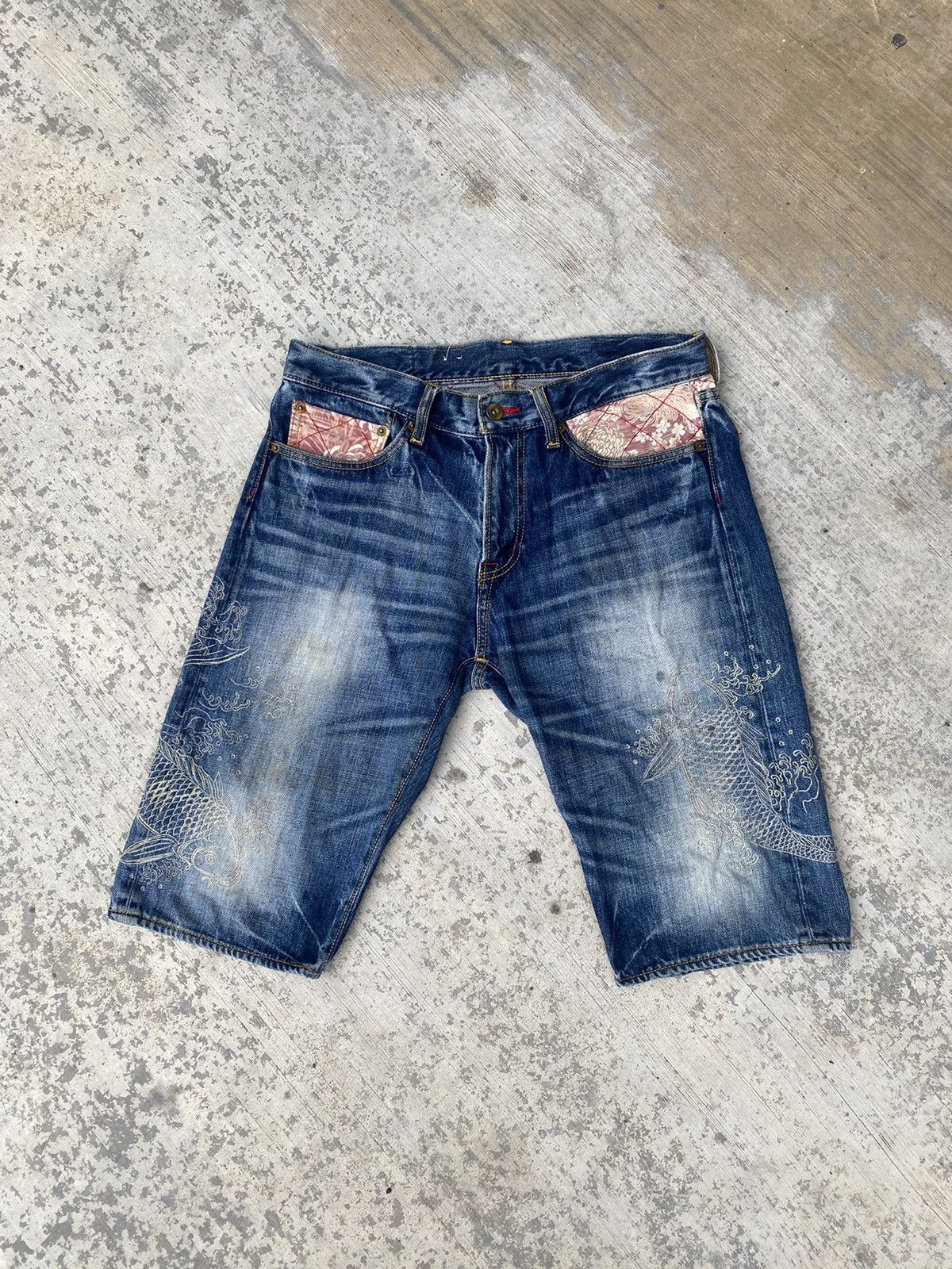 image of Distressed Denim x Eternal Japanese Traditional Eternal Koi Fish Embroidery Shorts in Blue (Size 31