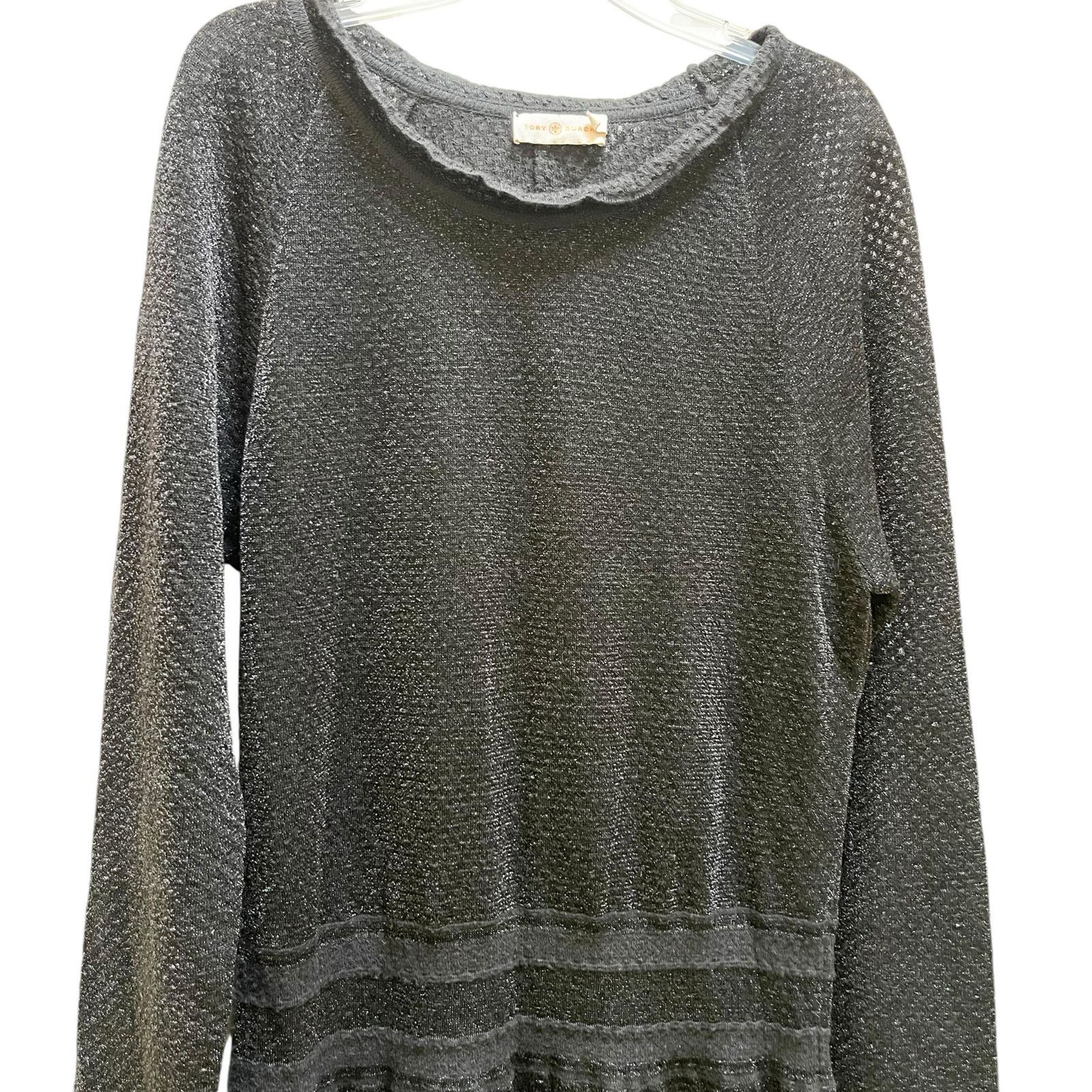 Tory Burch Black Isabelle Wool Metallic Sweater Dress Large