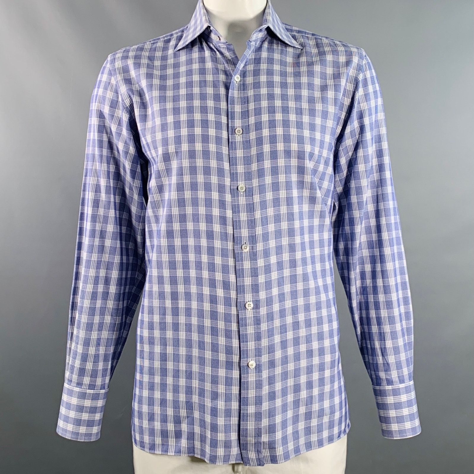 Size L Blue White Plaid Cotton Curved Cutaway Shirt