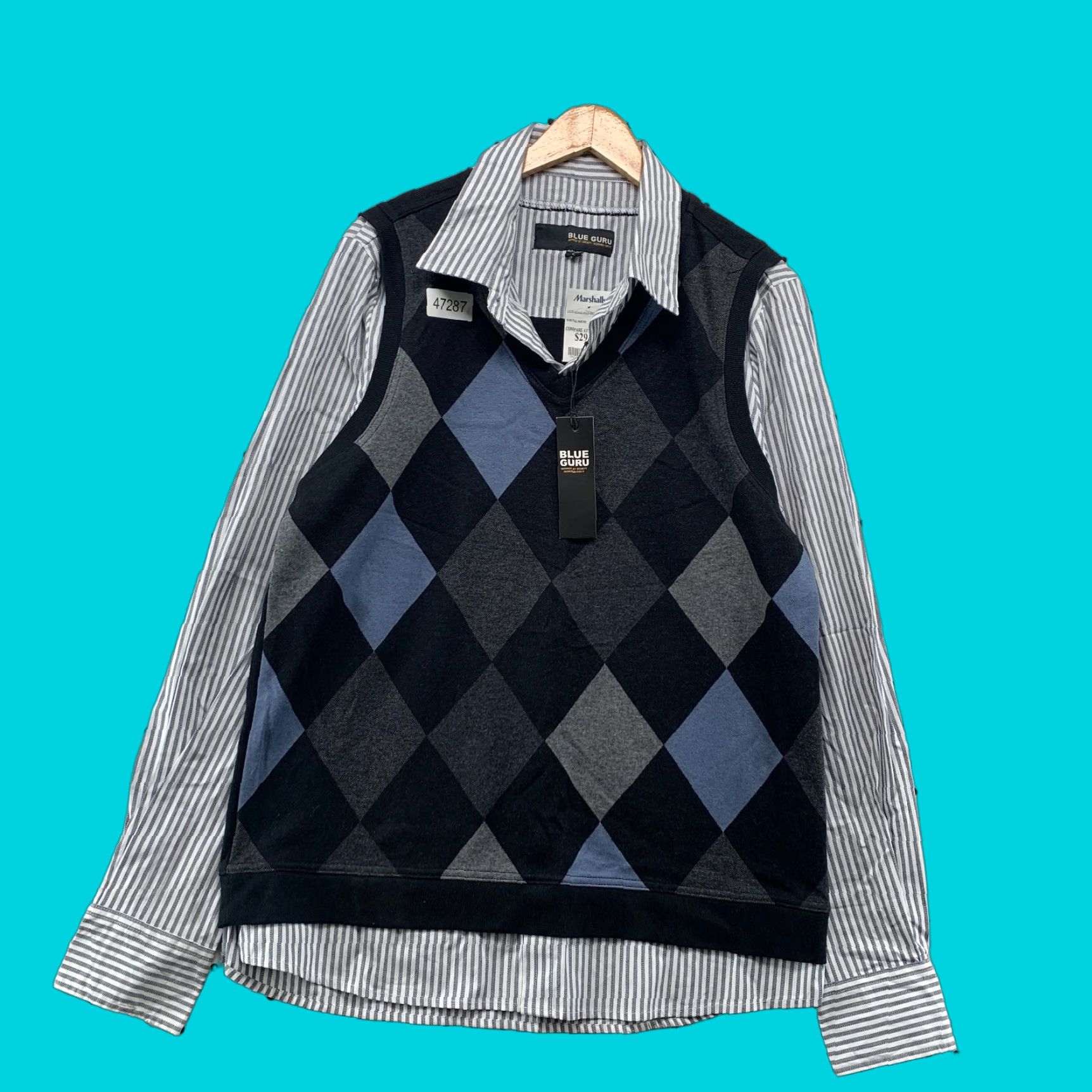 Vintage VINTAGE Blue Guru Argyle Vest Sweater Button Shirt Mens Large Blue School Business Work NWT Size US L / EU 52-54 / 3 - 1 Thumbnail