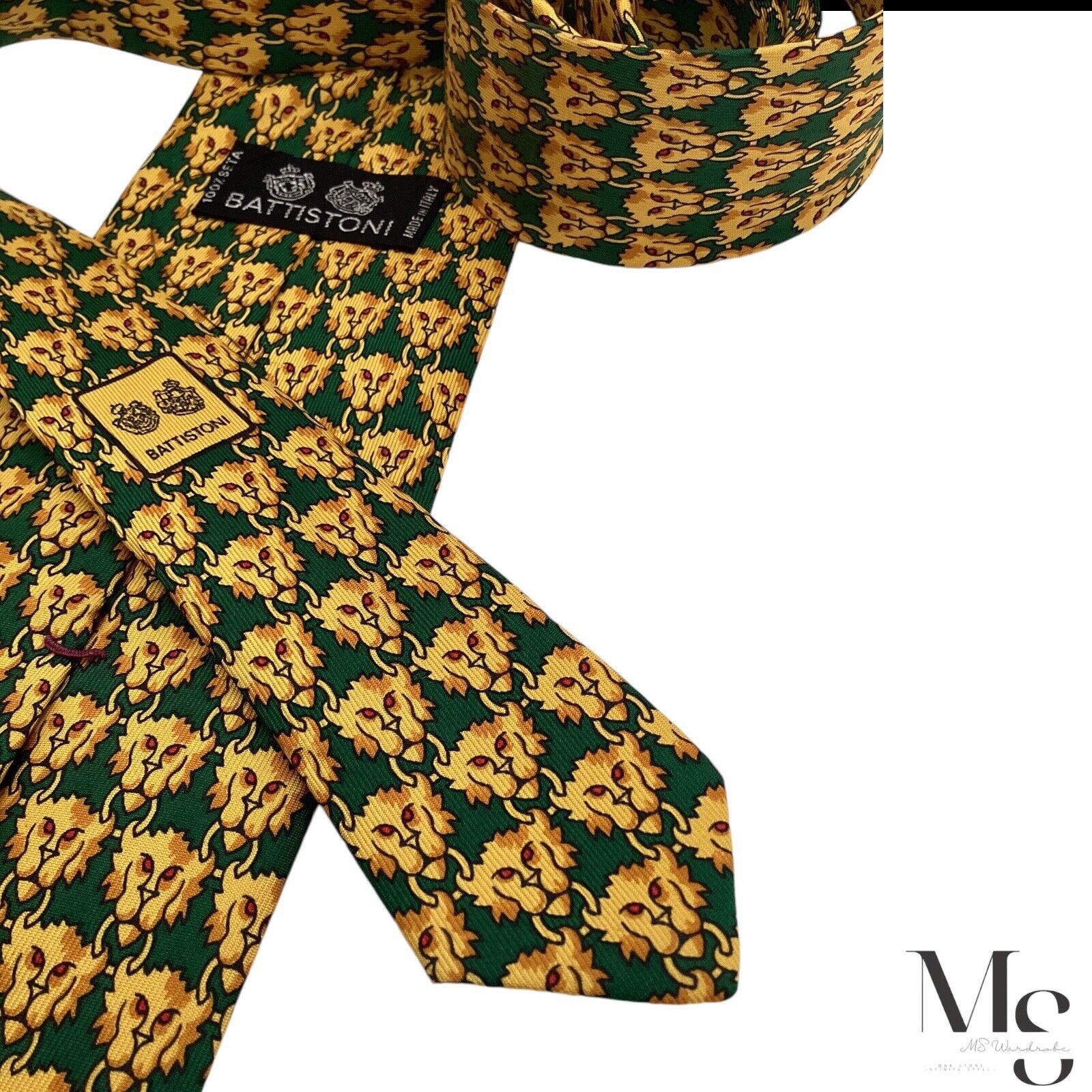 Battistoni BATTISTONI XL BAT 948 Green Yellow Lion Head Print Silk Tie Size ONE SIZE - 4 Thumbnail