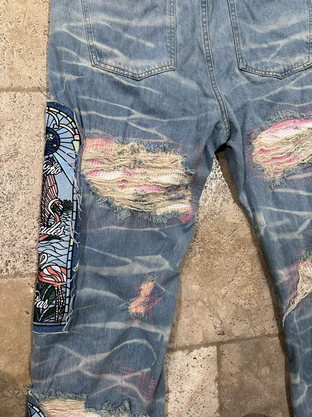 Who Decides War WDW Pink Flamingo Patch Fusion Denim Jeans