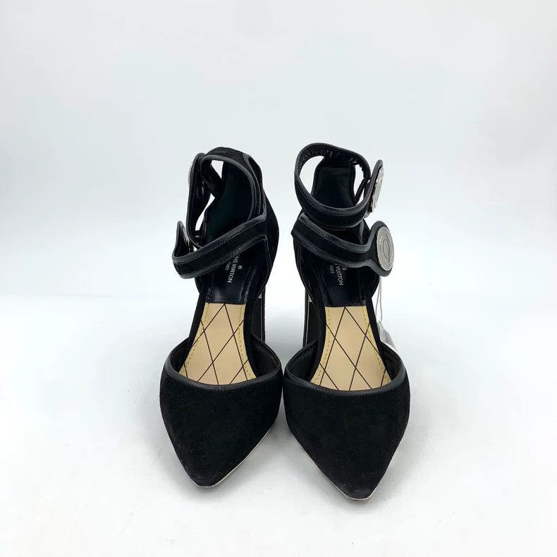 Louis Vuitton Louis Vuitton Black suede pointed-toe buckled chunky heels Size US 7 / IT 37 - 3 Thumbnail