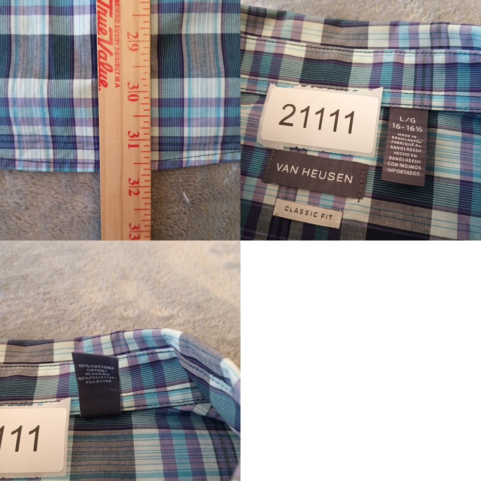 Van Heusen Van Heusen Shirt Mens Large Purple Plaid Short Sleeve Button-Down Collar Classic Casual Regular Cotton Blend Size US L / EU 52-54 / 3 - 8 Thumbnail
