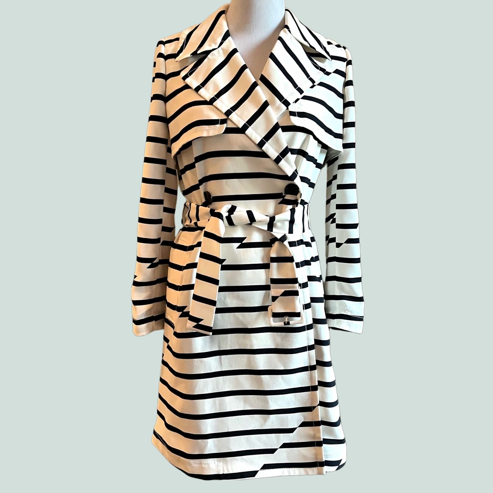 Madewell Madewell Trench Coat Jacket Striped Belted Women’s XS Black & Ivory Multicolor Pattern Long Sleeve Button Size XS / US 0-2 / IT 36-38 - 1 Thumbnail