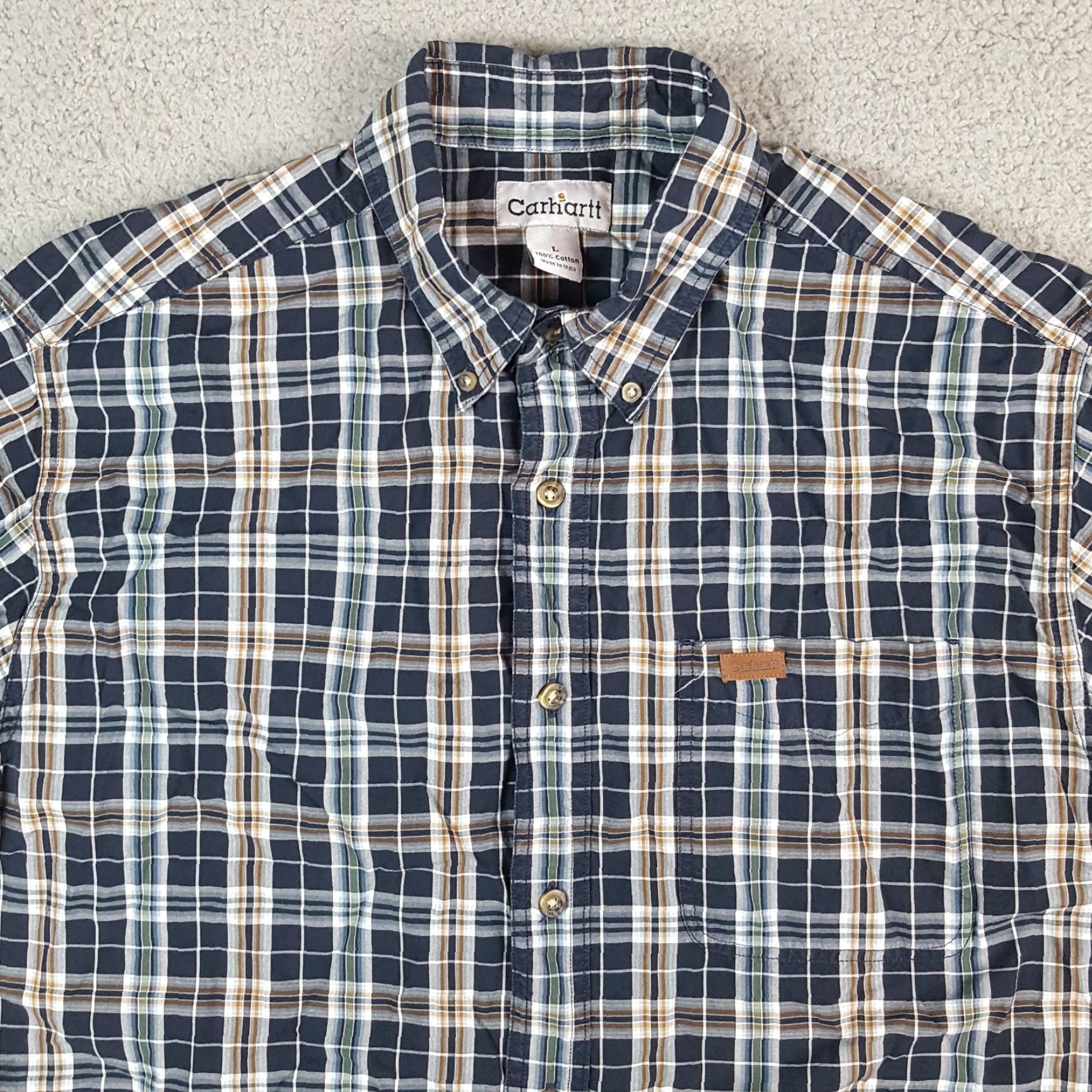 Carhartt VINTAGE Carhartt Blue Plaid Short Sleeve Preppy Size L Button Up Collared Work Shirt Size US L / EU 52-54 / 3 - 3 Thumbnail