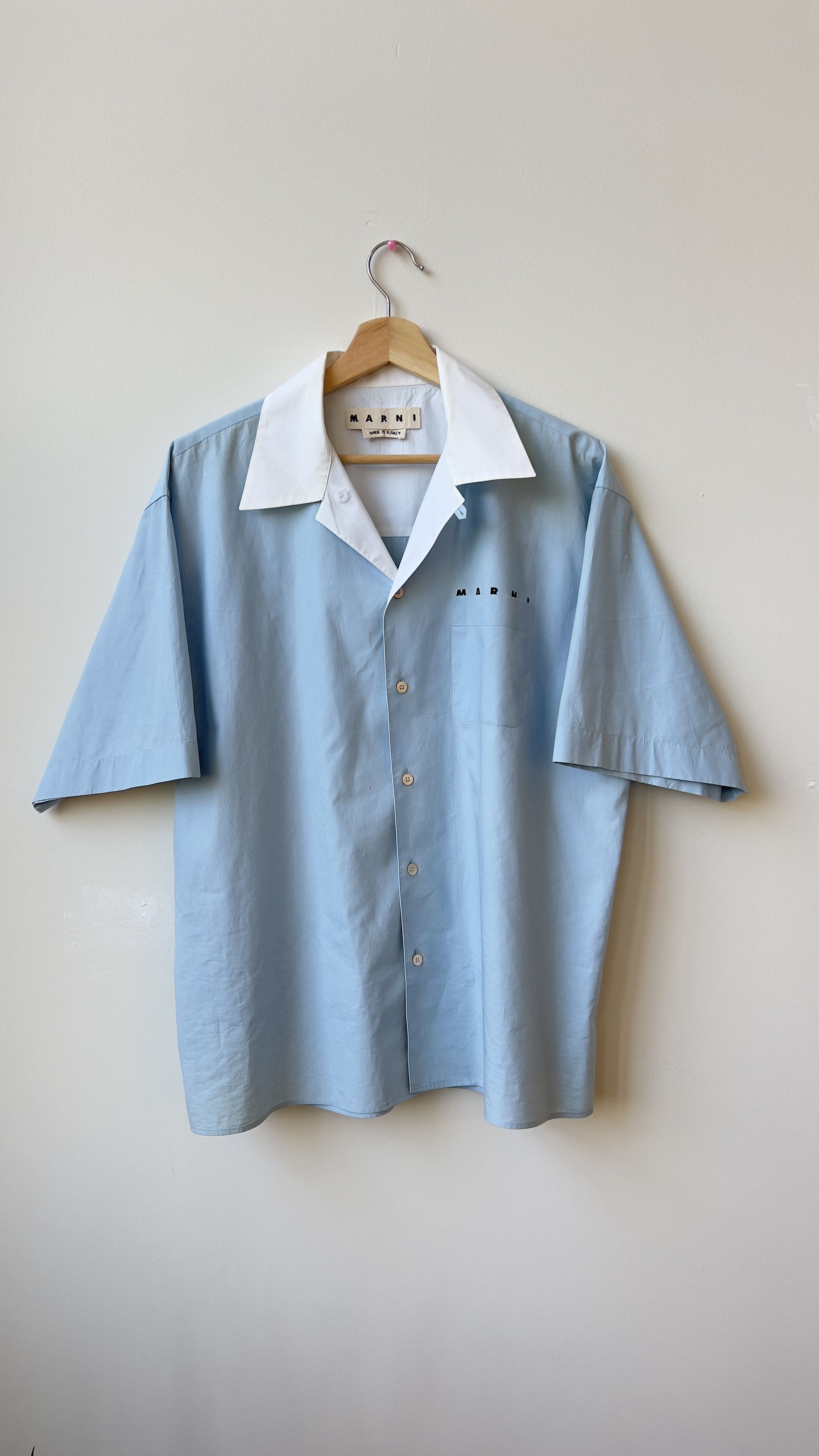 image of Marni Short Sleeve Contrast Collar Shirt Light Blue in Blue/White, Men's (Size Medium)