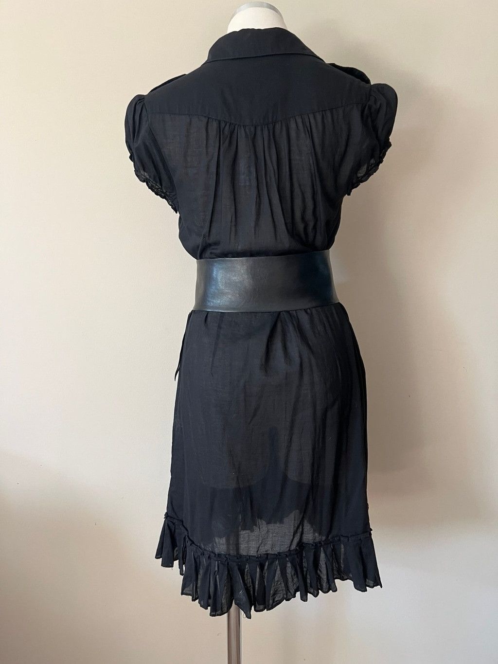 Vintage 1990s - Y2K Black Cotton Button Front Shirt Dress w/Ruffle Size S / US 4 / IT 40 - 3 Thumbnail