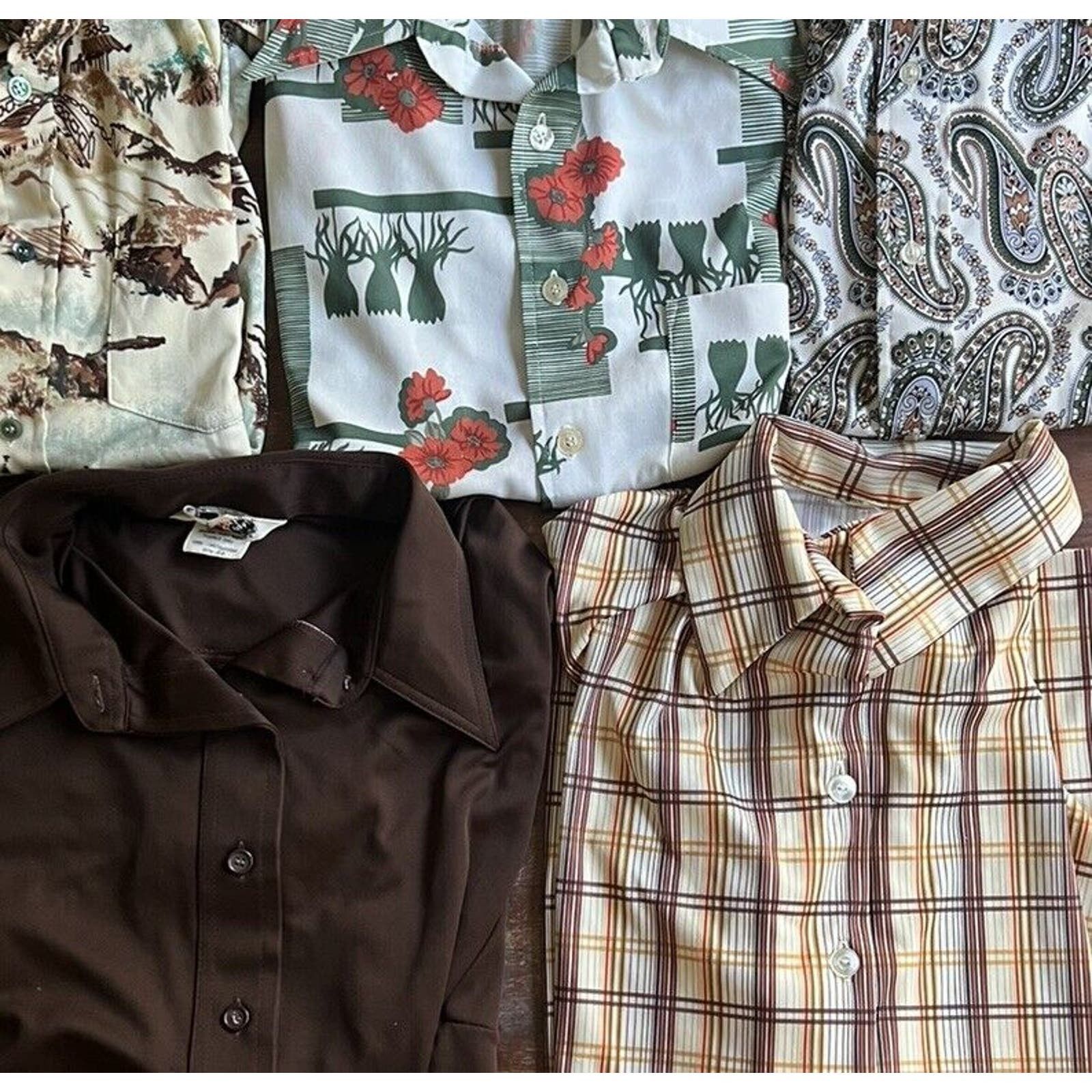 image of Sears Vintage Shirts Small Men Lot 5 Disco 100% Polyester 70's in Brown