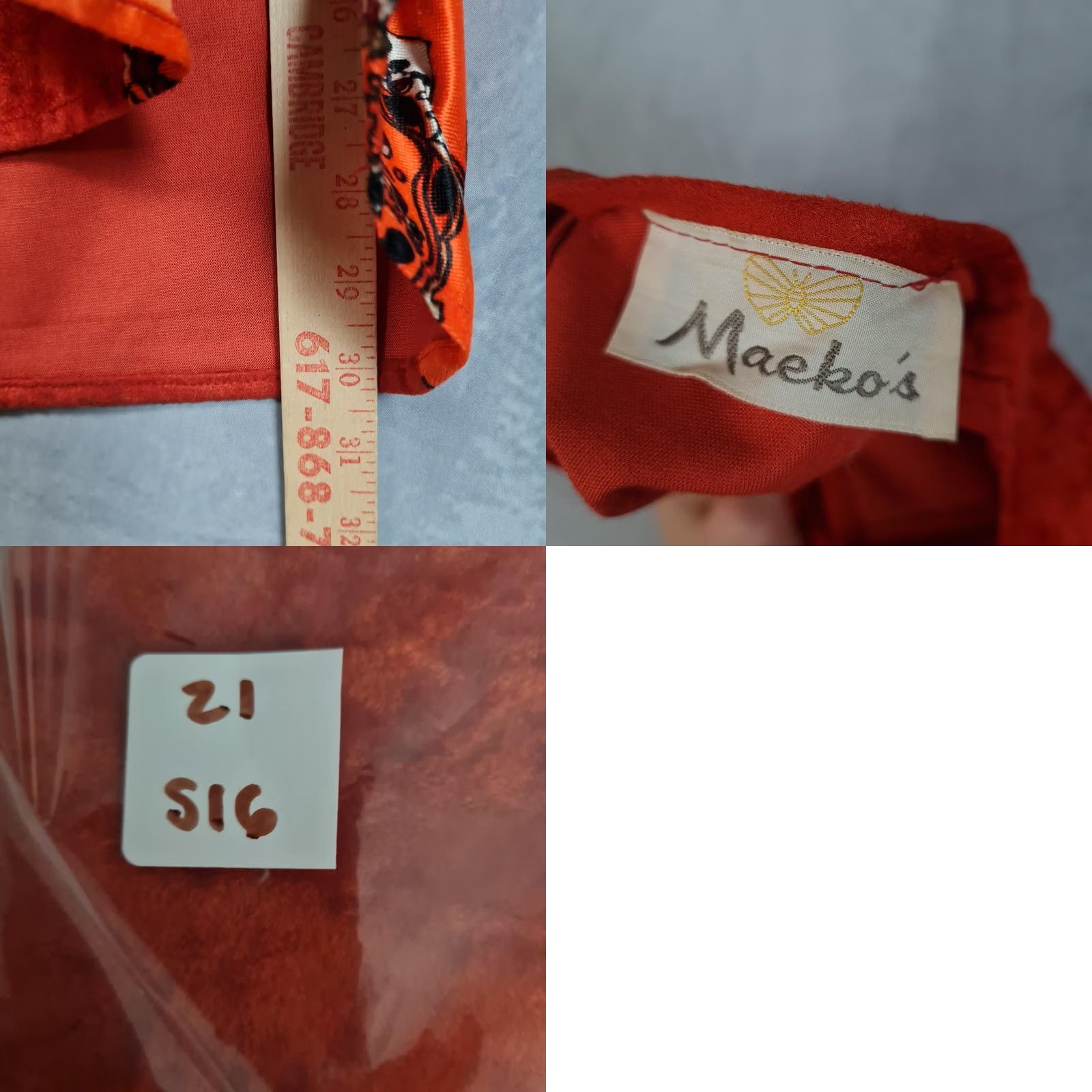 Velvet VINTAGE Maeko's Kaftan Dress Womens One Size Orange Velvet Paisley Maxi 70s Size ONE SIZE - 11 Thumbnail