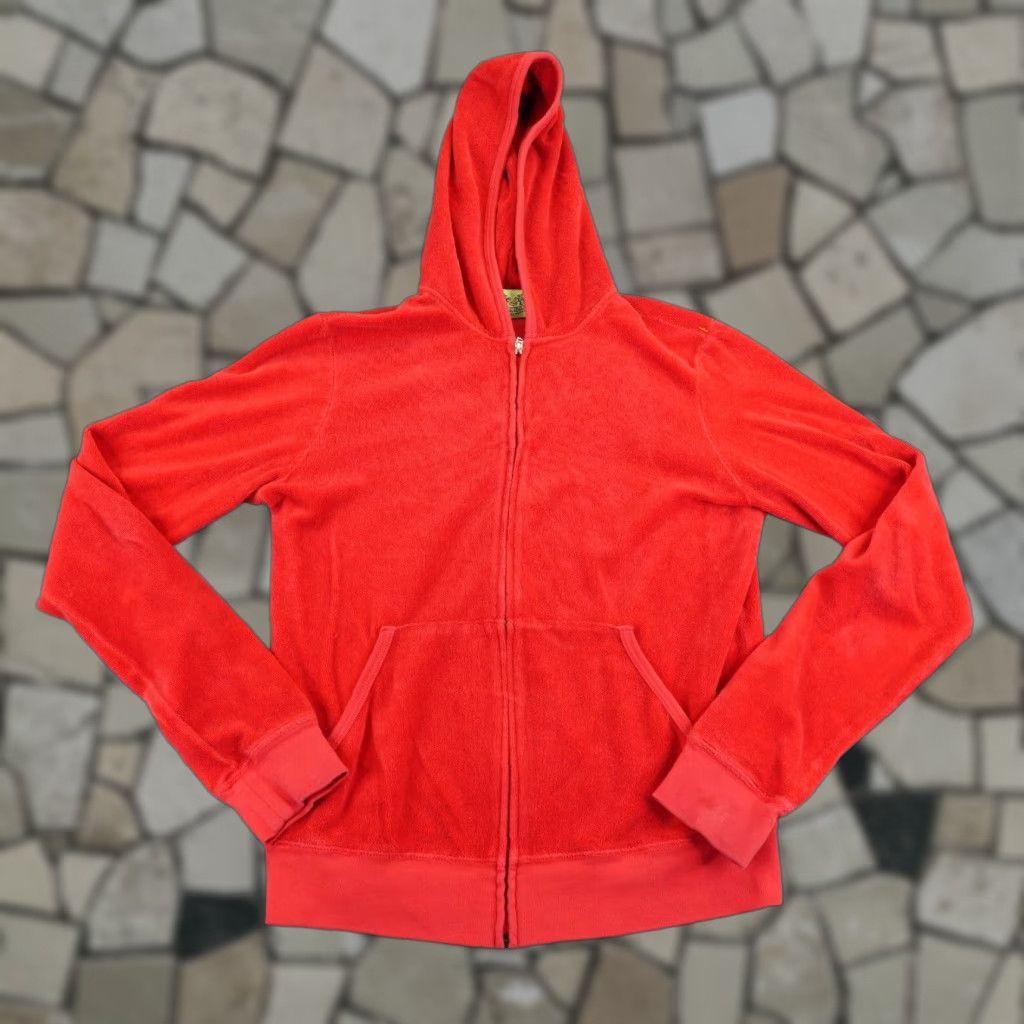 VINTAGE Juicy Couture Hoodie Womens L Red Velour Zip Full Zip Hooded Pockets Logo - Casual 90s Classic Mens Womens Girls Boys