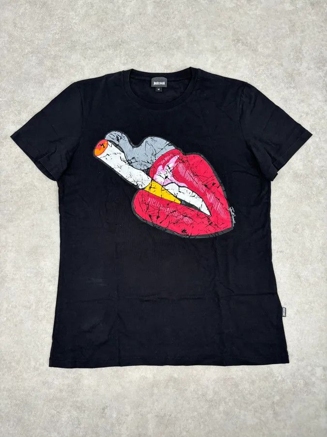 Just Cavalli SS2016 Cavalli Black Cotton Graphic Lip Smoke Cigarette T-Shirt Size US M / EU 48-50 / 2 - 1 Thumbnail