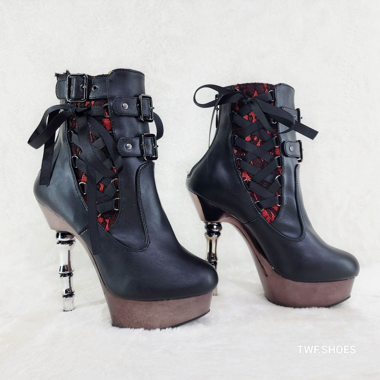 Other Muerto 1033 Red Lace Panel Finger Bone High Heel Platform An Size US 9 / IT 39 - 6 Thumbnail