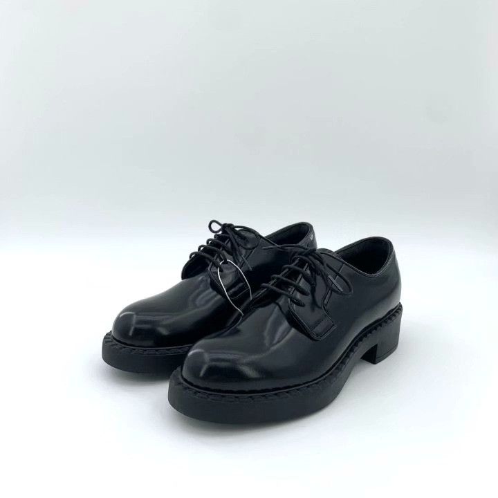 Prada Prada Black Leather Lace-Up Flat Loafers Size US 4 / IT 34 - 1 Thumbnail