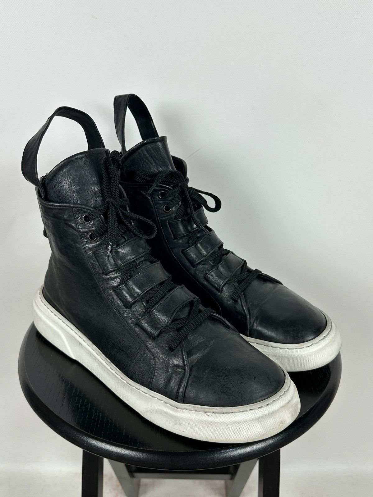 Masnada Masnada Black Leather Hi Top Sneakers Size US 12 / EU 45 - 1 Thumbnail