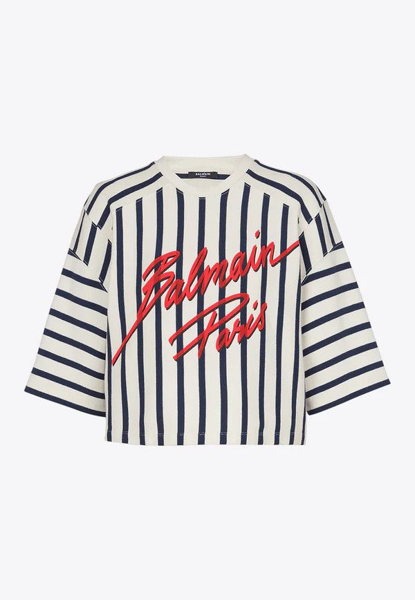 Balmain o1mt1gz0326 Striped Baseball T-Shirt in White/Blue Size S / US 4 / IT 40 - 1 Thumbnail