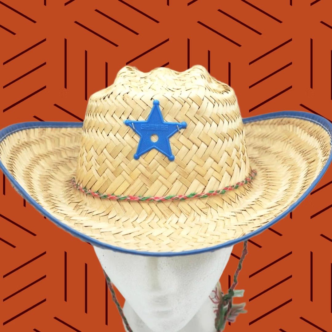 Vintage Cowboy Hat Straw Plastic Sheriffs Badge Beige One Size made in Mexico Unisex Adults Size ONE SIZE - 1 Thumbnail