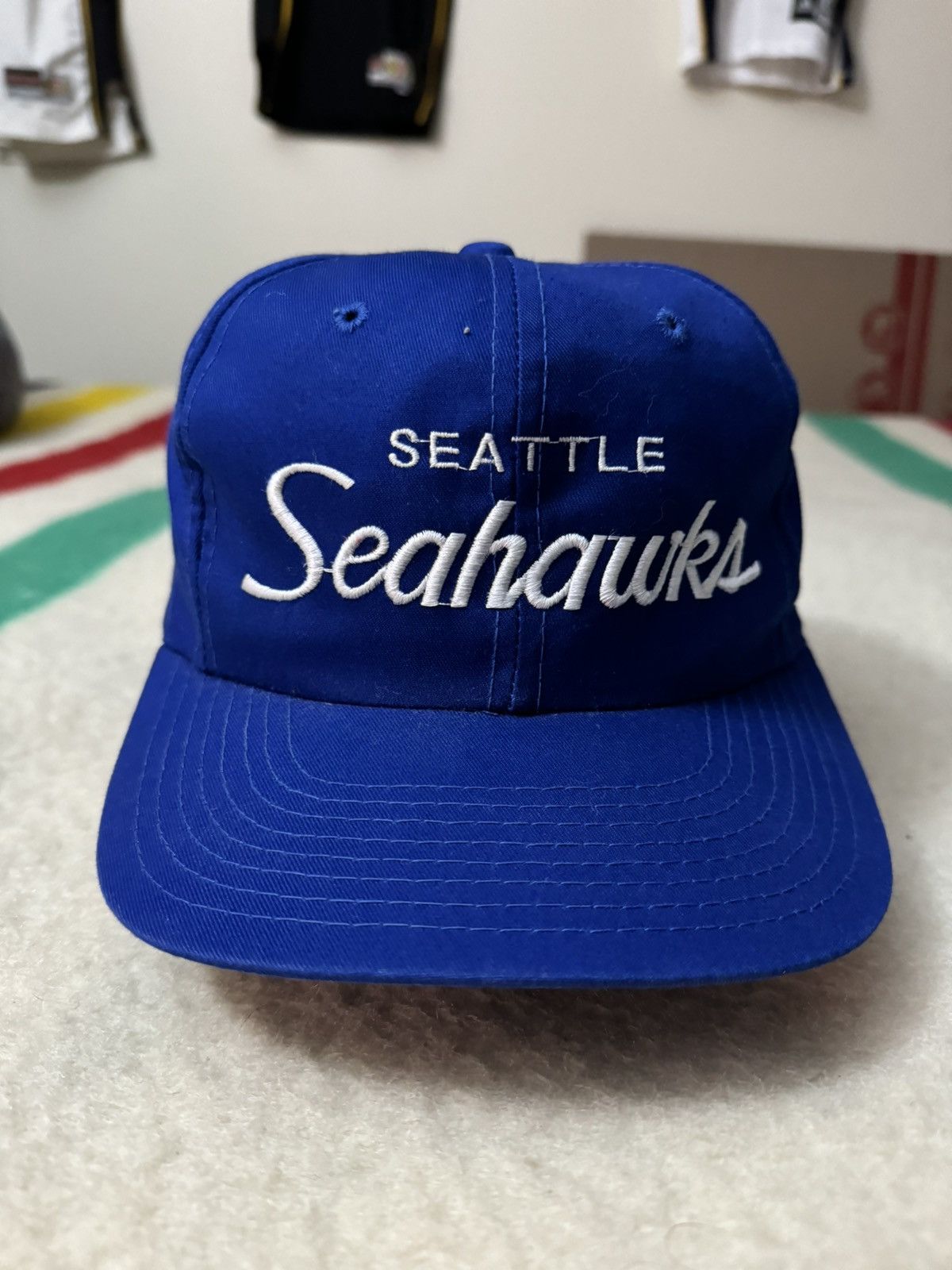 image of Logo Athletic x Nfl Vintage Sports Specialties Seattle Seahawks Script Snapback in Blue White, Men'
