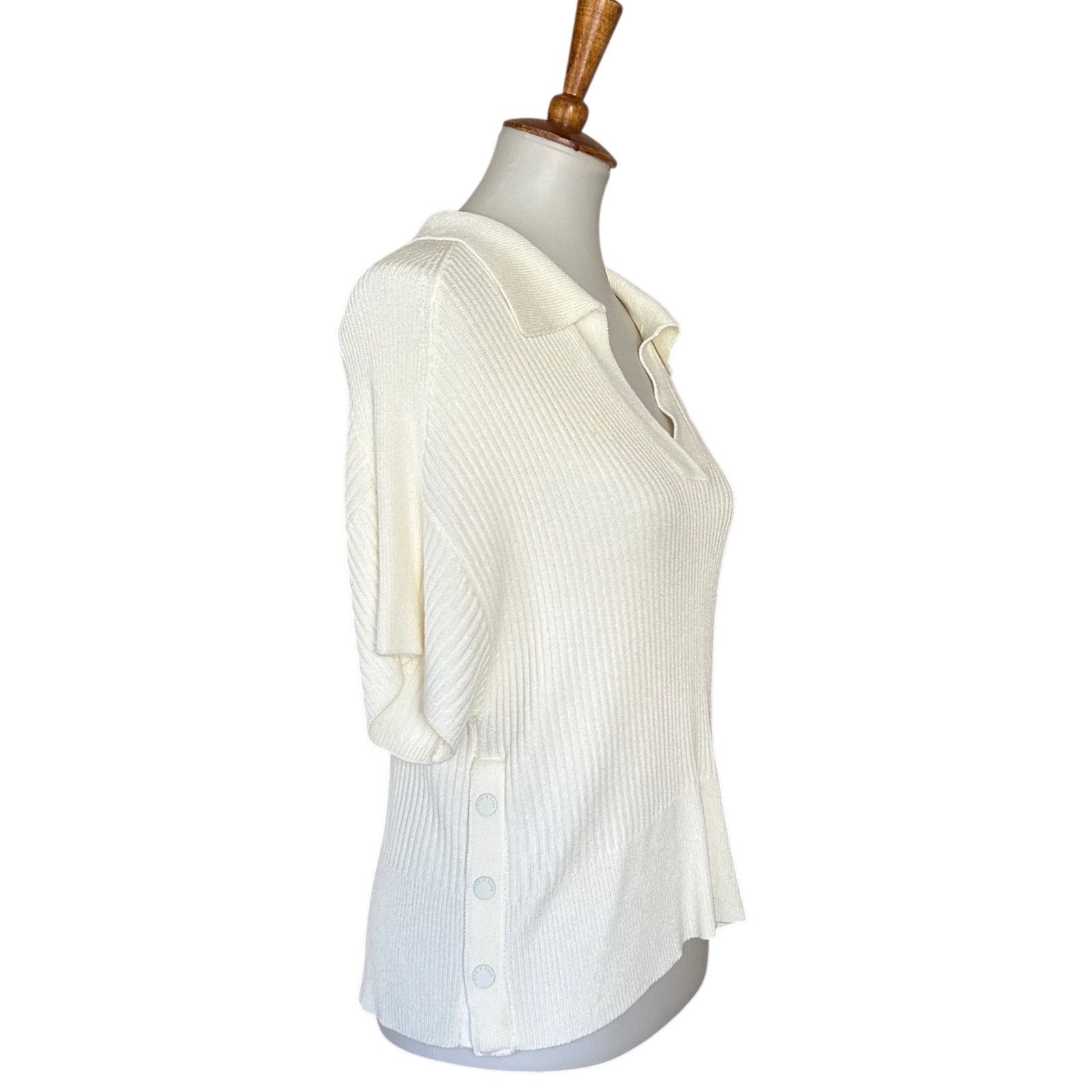 Rag & Bone Rag & Bone Ribbed Knit Polo Top Cream Viscose Johnny Collar Size S / US 4 / IT 40 - 2 Thumbnail