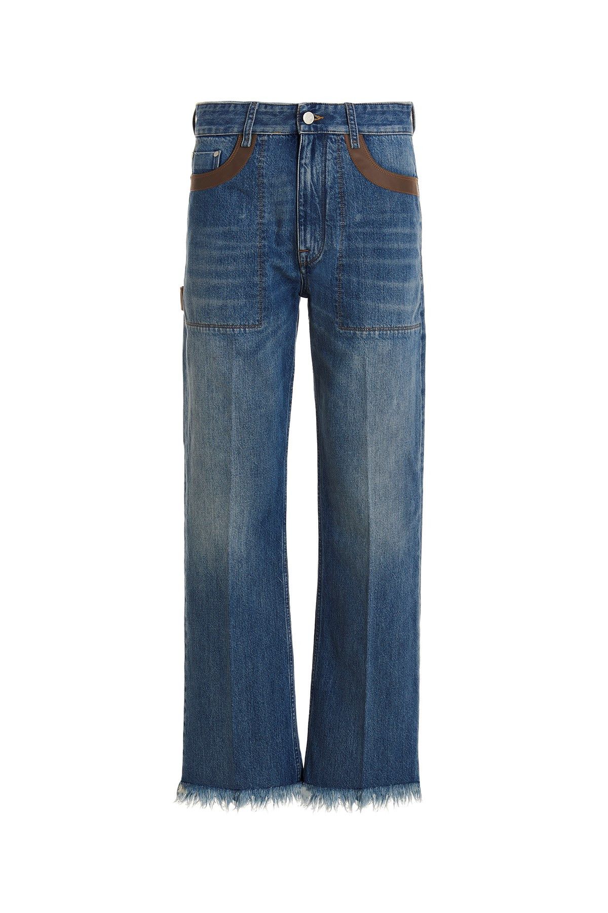 image of Fendi Leather Detail Jeans in Light Blue, Men's (Size 34)