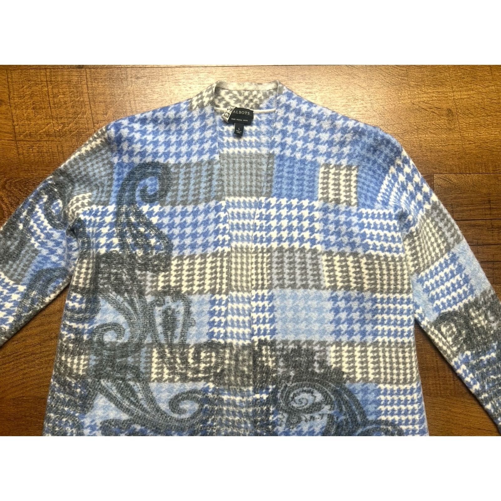 Talbots Talbots Cardigan Shirt Women Open Paisley Houndstooth Merino Wool Large Blue Size L / US 10 / IT 46 - 3 Thumbnail