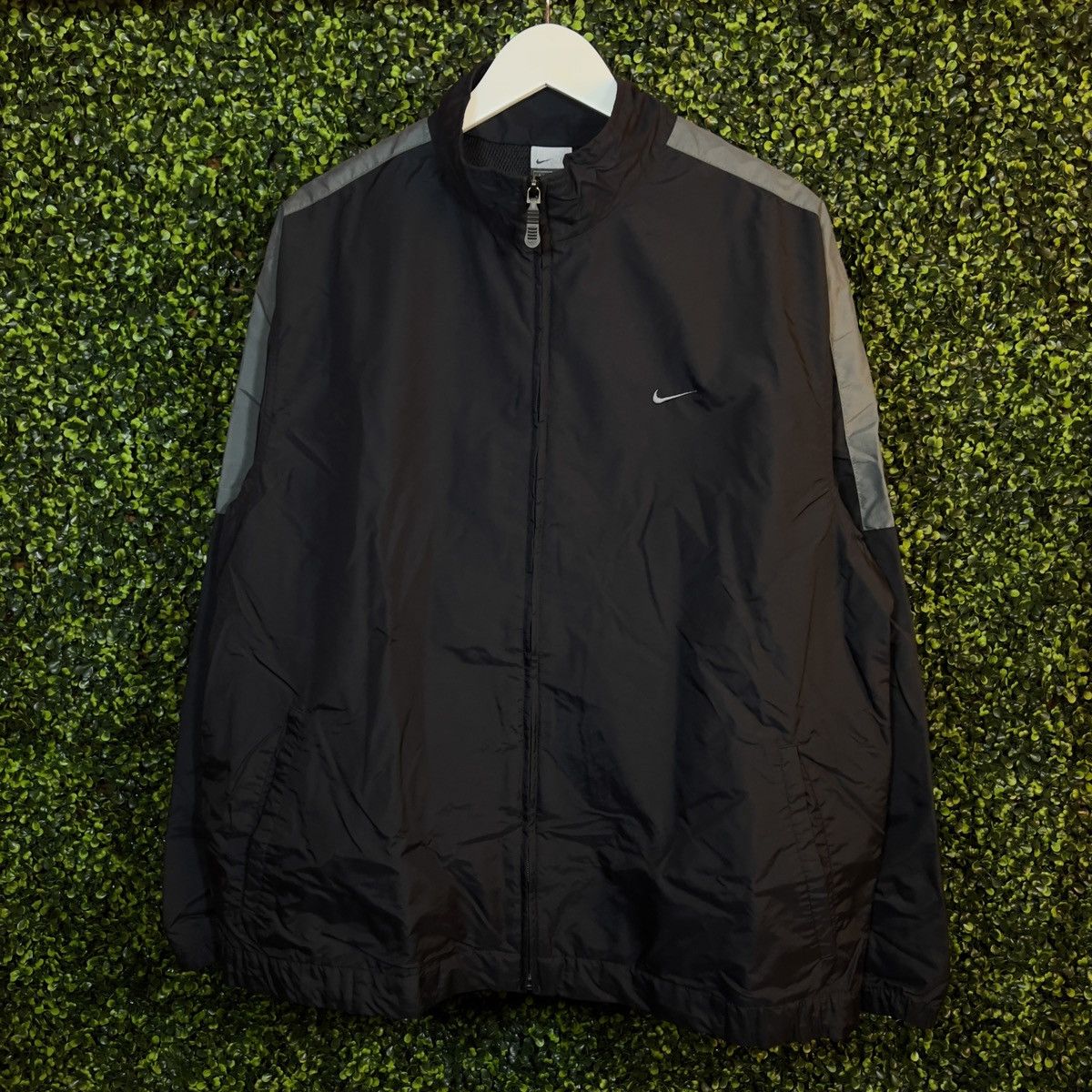 image of Vintage Y2K Nike Embroidered Solo Swoosh Windbreaker Jacket in Black/Grey, Men's (Size Large)