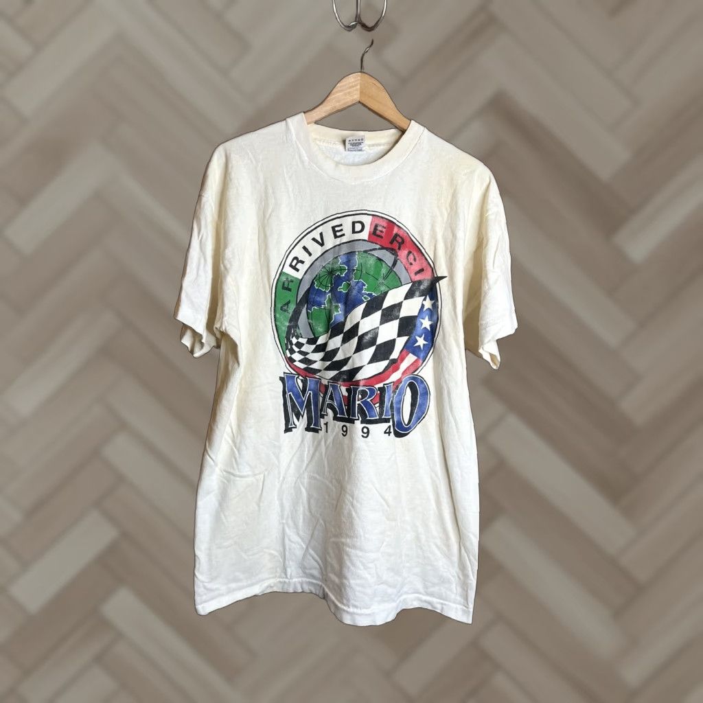 Vintage VINTAGE Mario Andretti 1994 Arrivederci Goodbye Farewell Indy 500 t-shirt XL White Graphic Tee Adults? Size US XL / EU 56 / 4 - 1 Thumbnail
