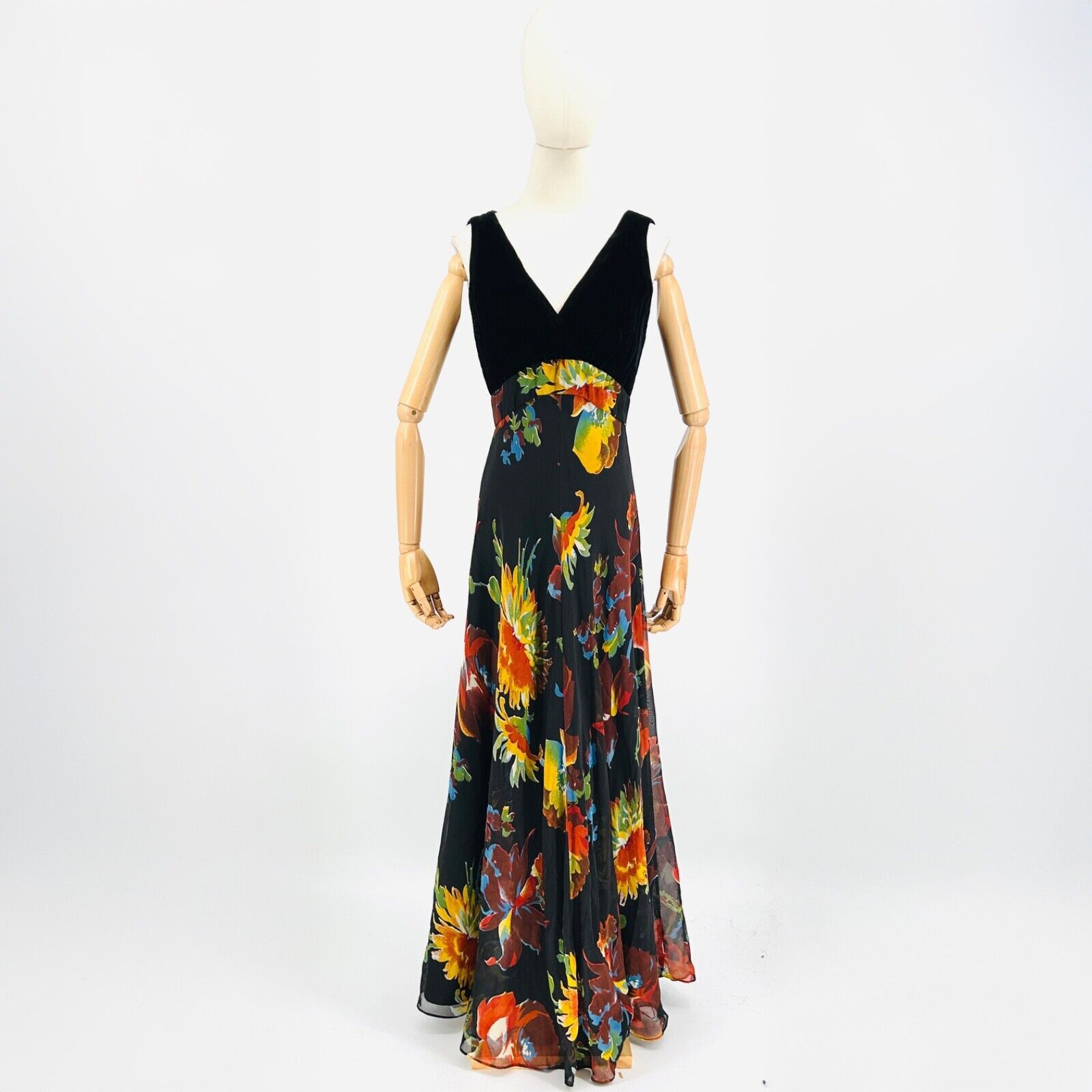 70s Black Velvet Floral Chiffon Sleeveless V-Neck Maxi Dress