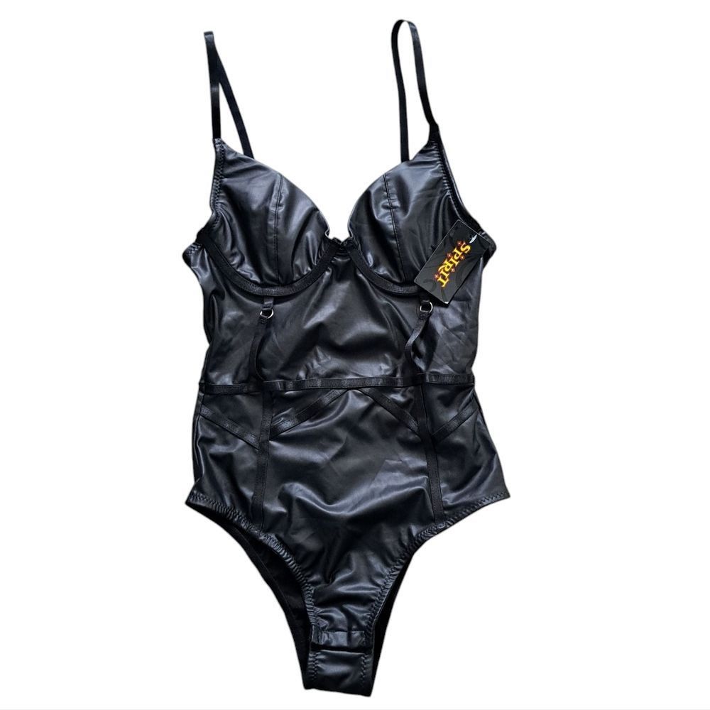 Other Spirit Bodysuit Pleather Sexy Sheer Lace Cup Small Black NWT Size S / US 4 / IT 40 - 1 Thumbnail