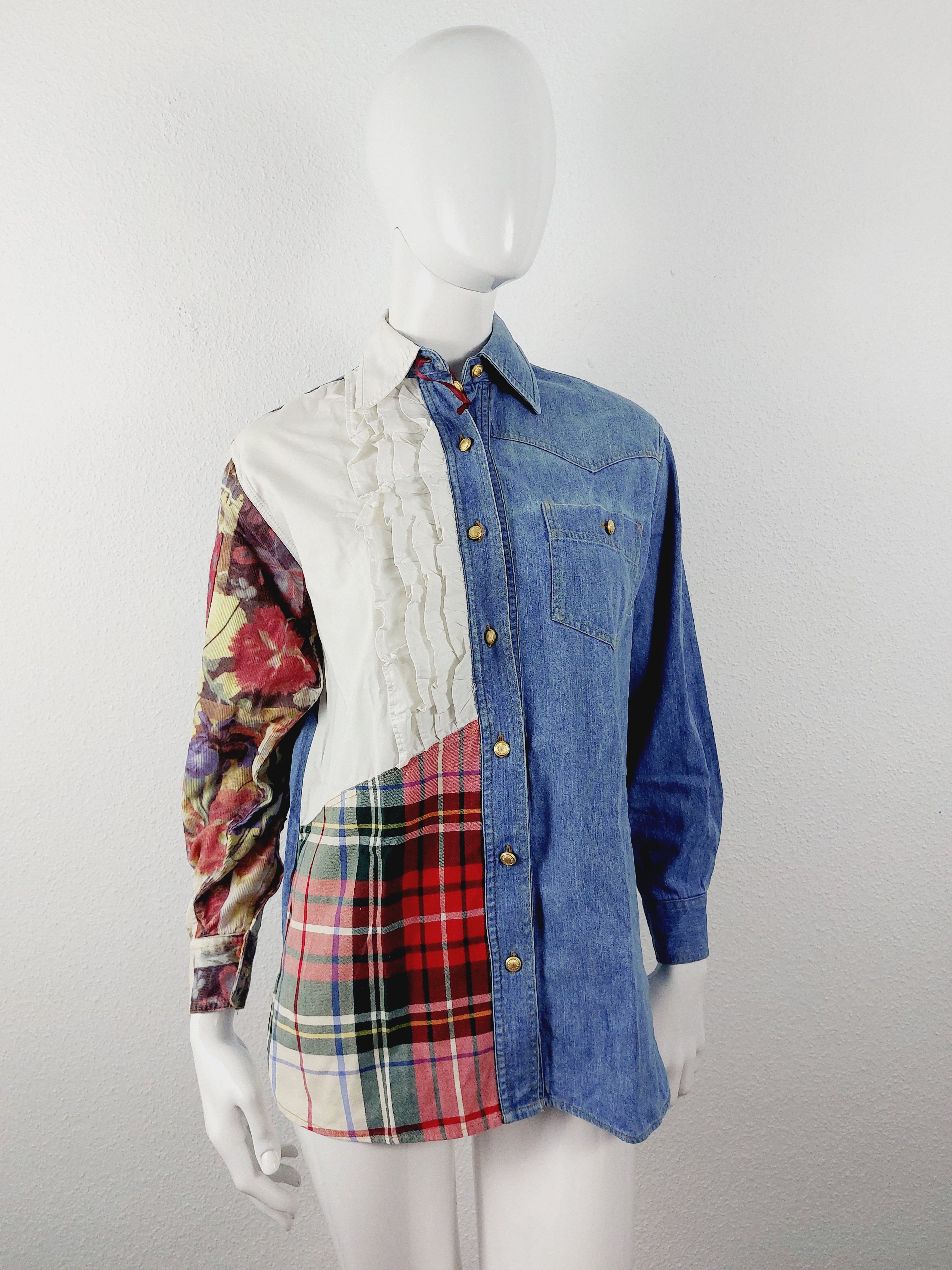 Moschino Jeans Patchwork Jeans Denim Ruffled Tartan Shirt