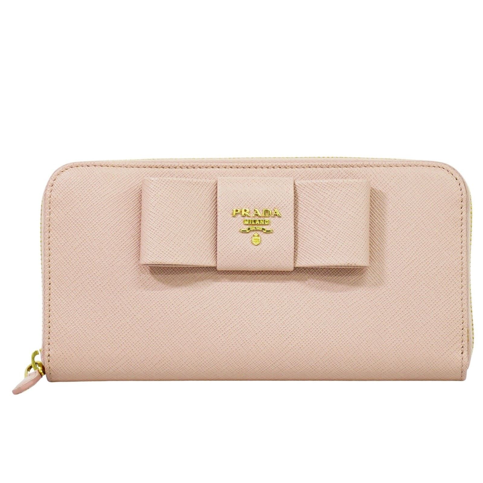 Prada Saffiano Leather Bow Zip Around Wallet Pink