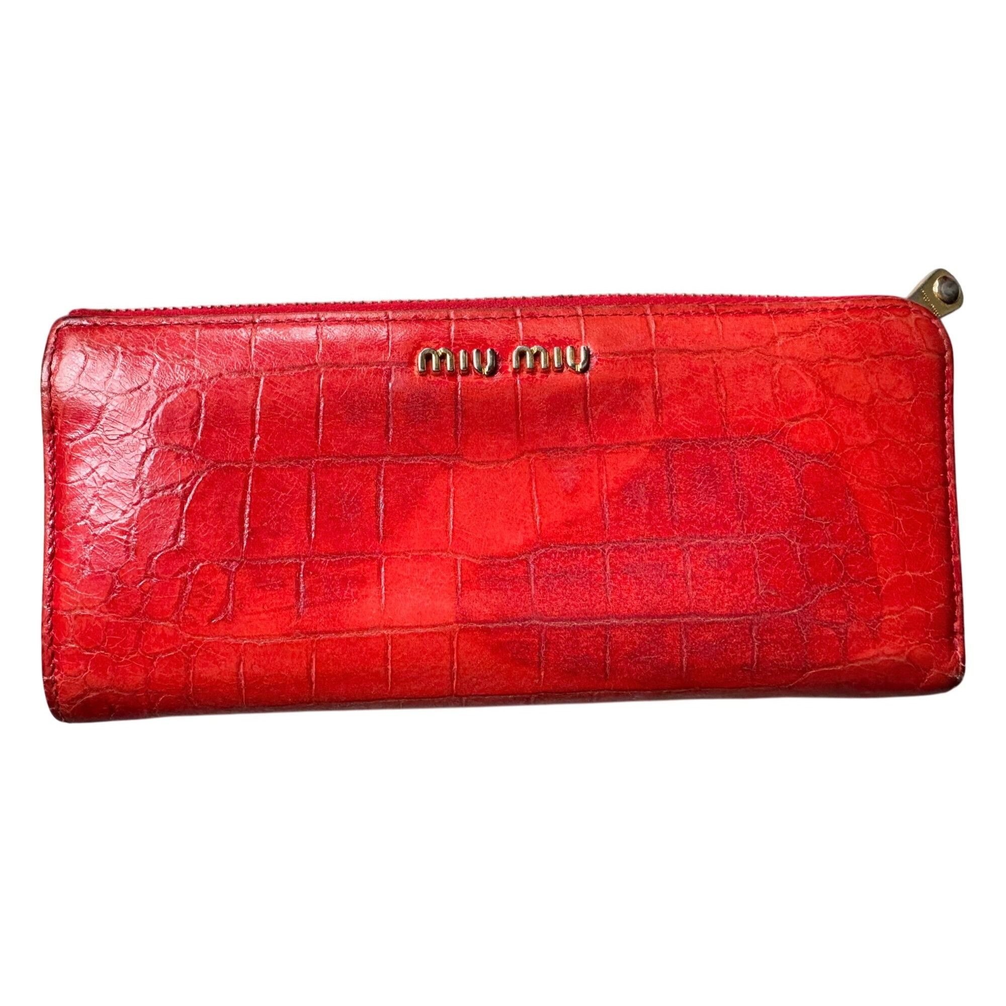 Miu Miu Red Croc Embossed Leather Zip Around Wallet with Box