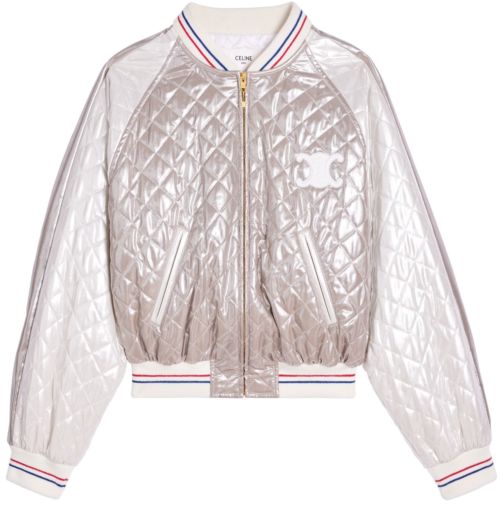 Celine o1bcso1str0924 Casaque Blouson Jacket Laminated Silk Argent Size XXS / US 00 / IT 34 - 1 Thumbnail