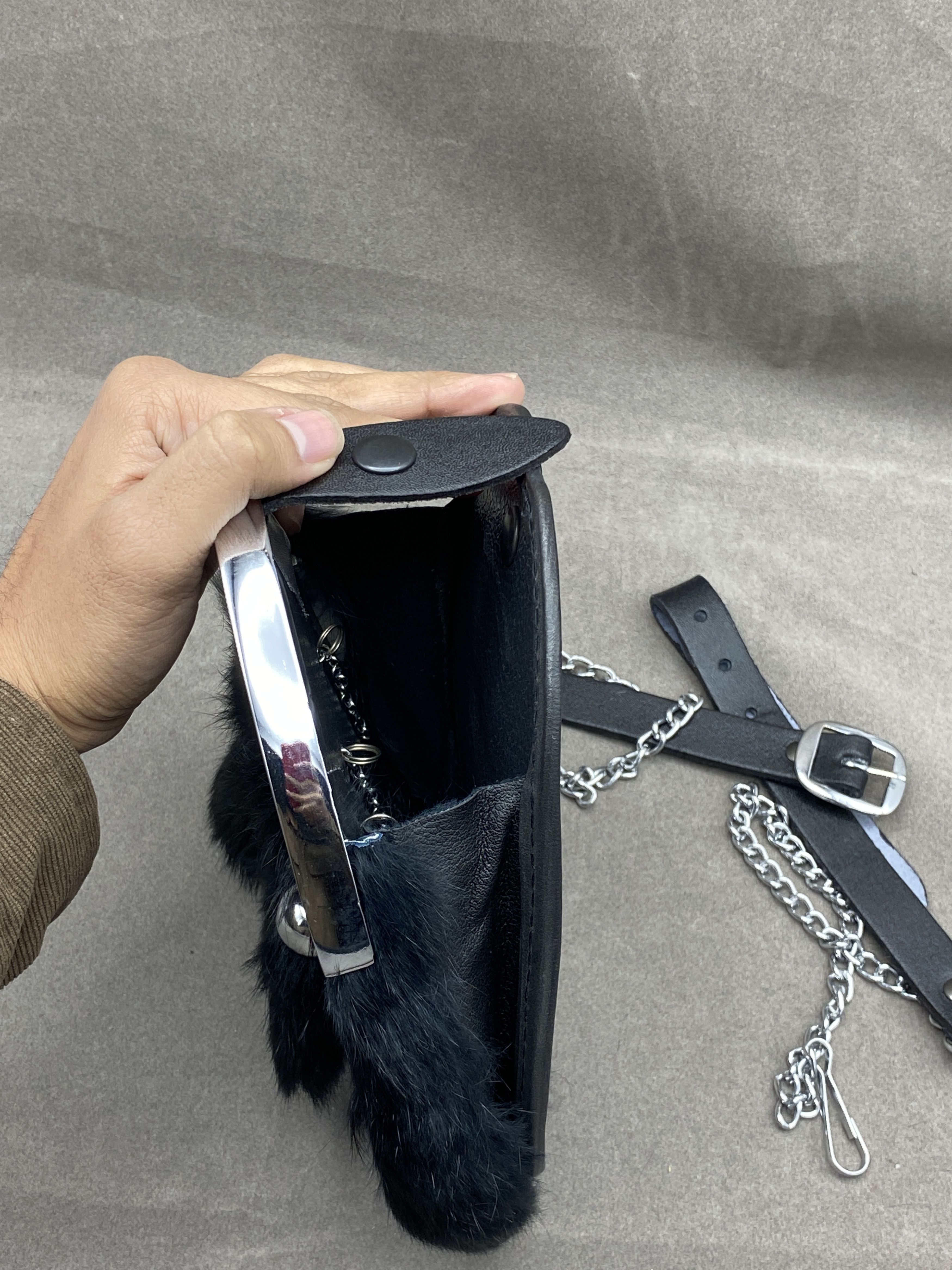 Leather × Other Chrome Head Triple Thistle Black Rabbit Fur Sporran Size ONE SIZE - 5 Thumbnail